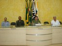 Mesa Principal - 1º Tenente Pedro Ângelo Miguez Caminha, Comandante do 2º Pelotão da 1ª Cia do 25º Batalhão da Polícia Militar, Sargento Douglas Emerson Dias dos Santos, Presidente, Vereador Juliano Brito Bertolini e Vereado