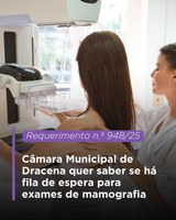Câmara Municipal de Dracena quer saber se há  fila de espera para exames de mamografia