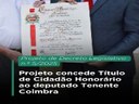 Projeto concede Título de Cidadão Honorário ao deputado Tenente Coimbra Projeto concede Título de Cidadão Honorário ao deputado Tenente Coimbra