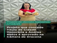 Projeto que concede Título de Cidadã Honorária a Andrea Matos é aprovado na Câmara de Dracena